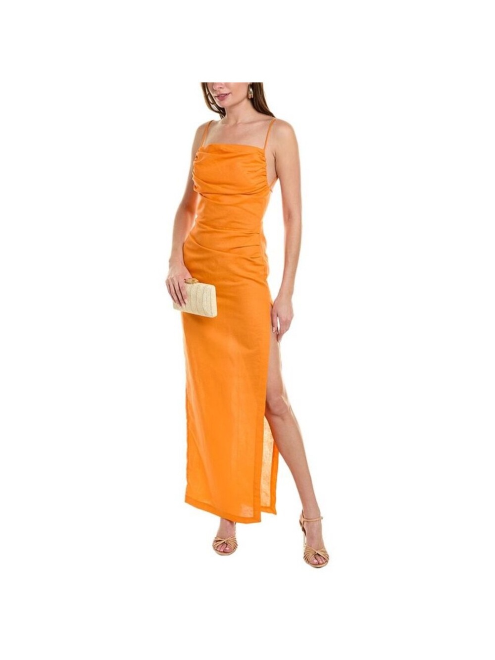 Ronny Kobo Clark Linen Blend Open Back Maxi Dress Ruched Bodycon Orange Size xs
